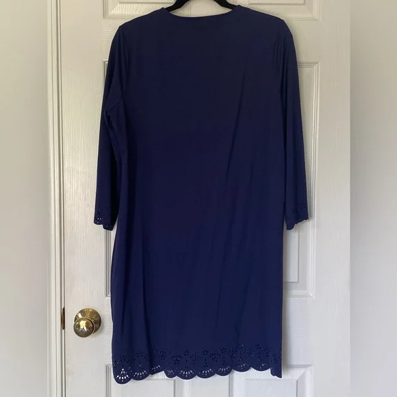 Lands End Navy Long Sleeve Dress w/ Scalloped Laser Cut Eyelet Hem - Size M NWOT - Picture 2 of 4